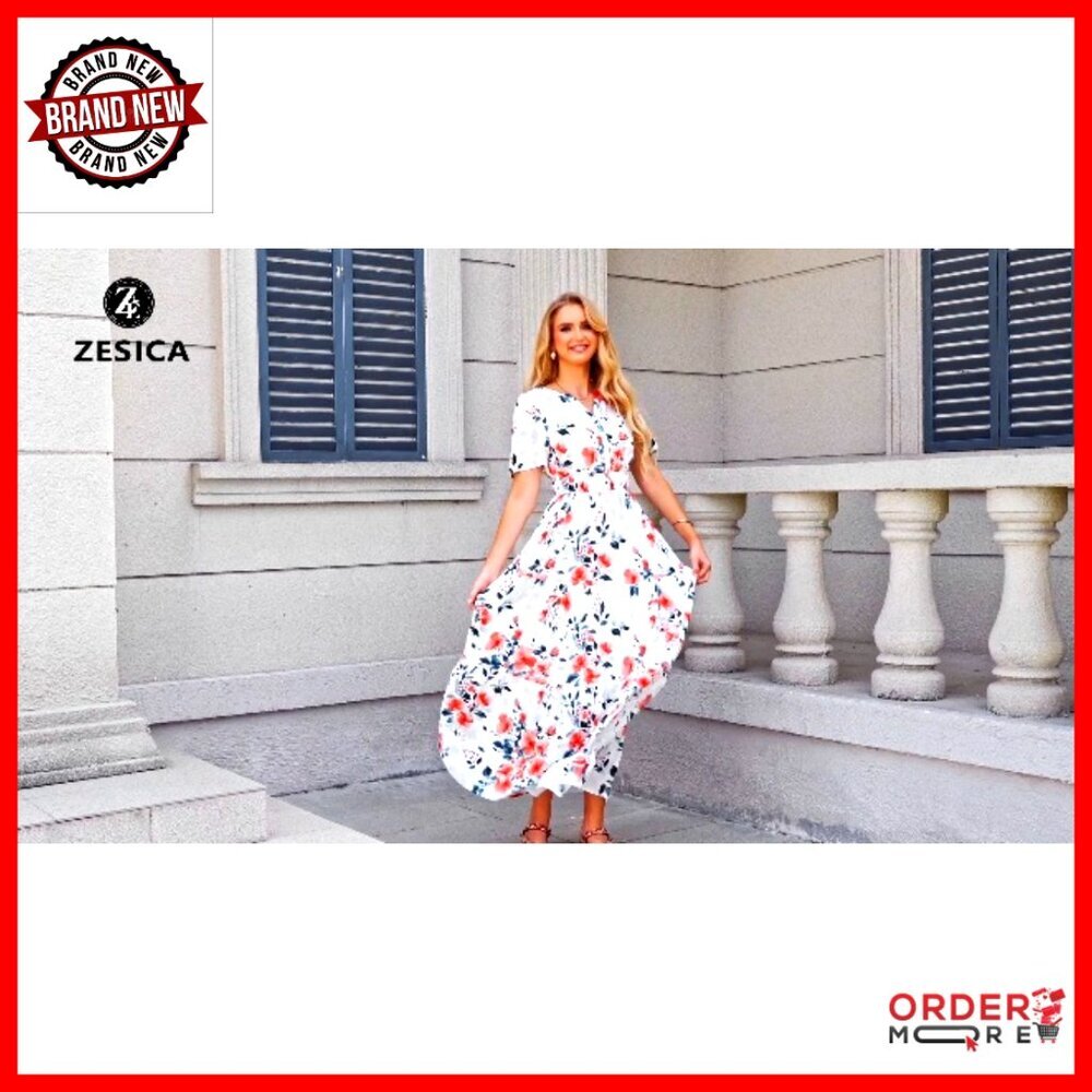 Floral Boho Maxi Dress V-Neck Short Sleeve A-Line Casual Beach Vacation - Picture 7 of 7